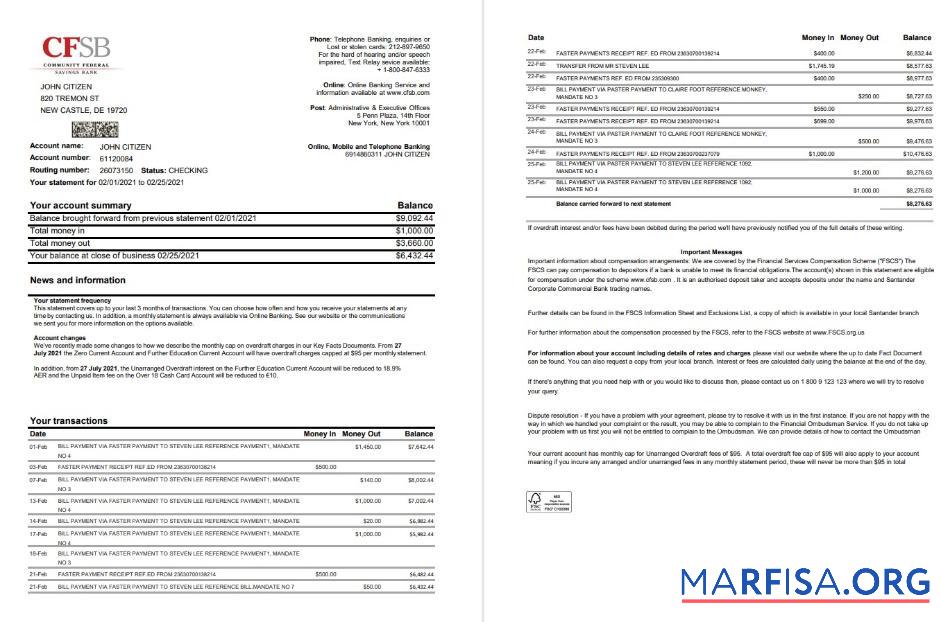 Printable USA New York CFSB bank statement 2 pages excel sample